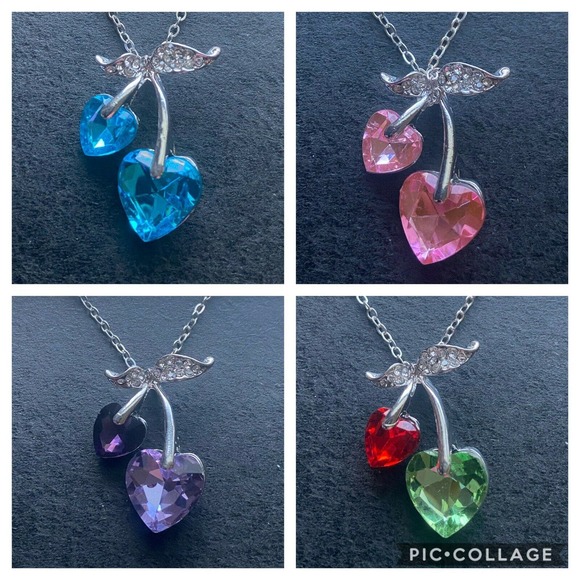 Imitation Blue Topaz Cubic Zirconia CZ Gemstone Cherry Cherries Heart Necklace - Picture 5 of 5
